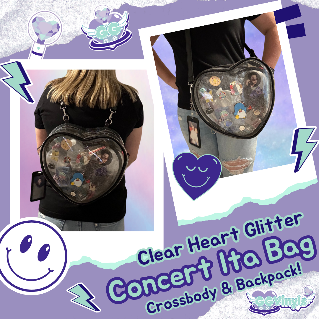 NEW Black Heart Shaped Glitter Ita Convertible Crossbody Backpack Stadium KPop Concert Approved Clear Bag Purse