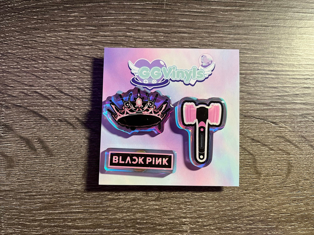 BLACKPINK Holographic Acrylic Pin Set Logo Lightstick Crown BP K-Pop Lisa Jisoo Jennie Rose Blink The Album