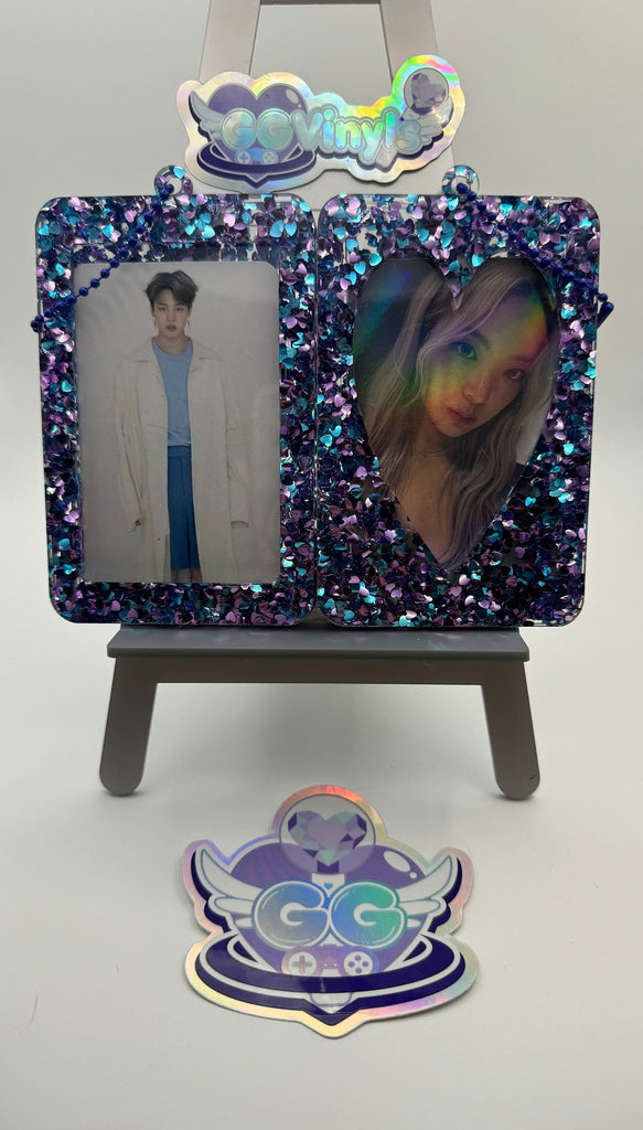 Handmade Acrylic Photocard Keychain PC Frame Holder Purple Blue Glitter Hearts Sparkle K-Pop Photocards Instax Polaroids ID Case