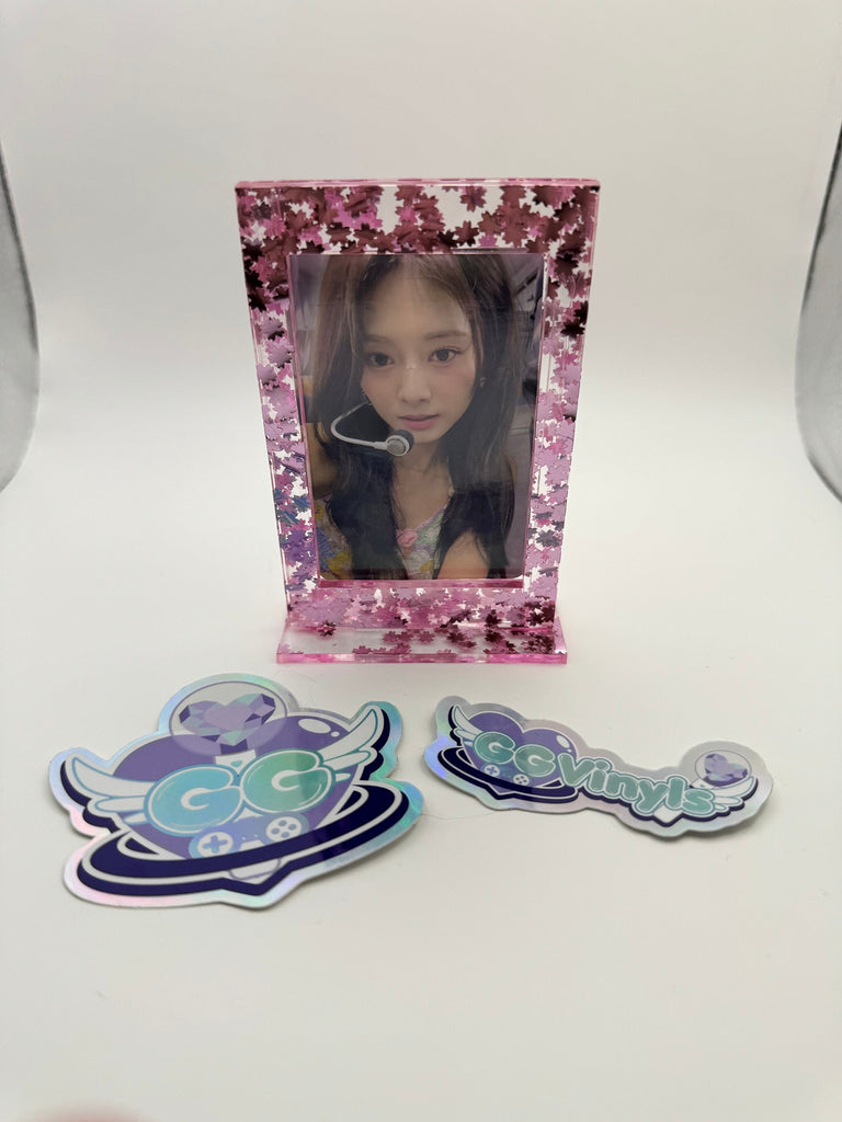 Handmade Acrylic Photocard Standee PC Frame Holder Pink Sakura Glitter Clear K-Pop Photocards Instax Polaroids ID Holder Stand