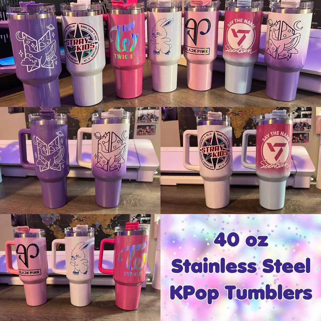 K-Pop Tumbler Holographic Glitter Stainless Steel Cup 40oz Bangtan Stray Kids Seventeen Black New Jeans Twice Pink Ombre Custom